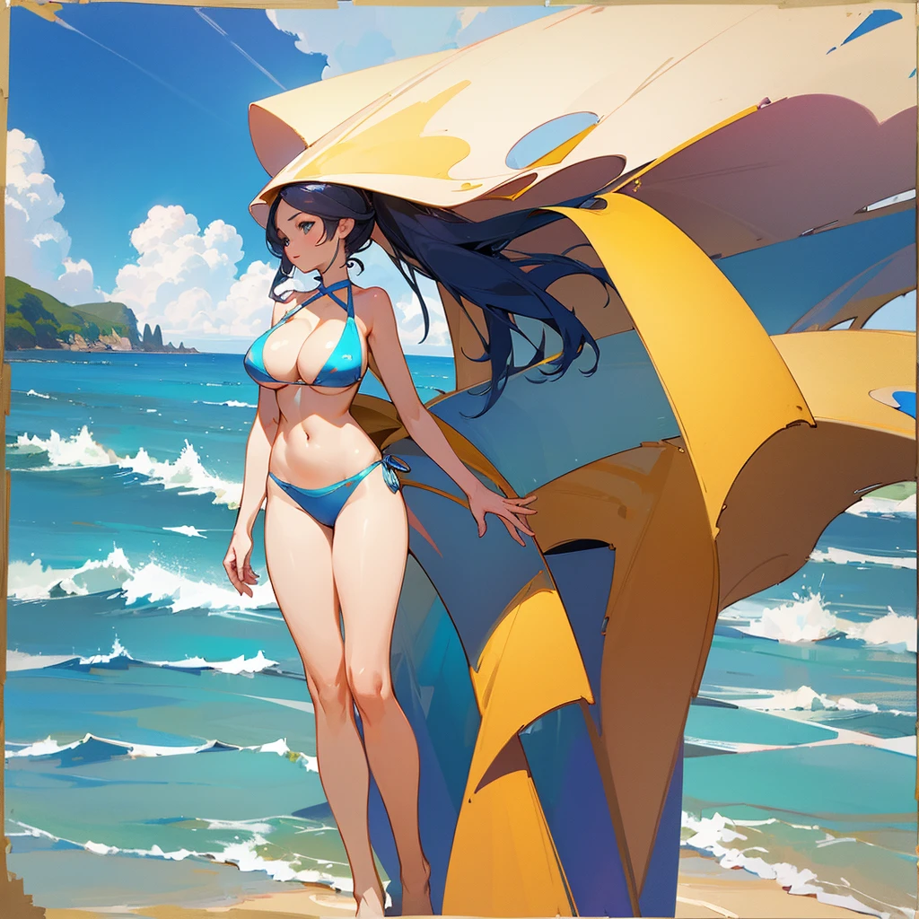 Glamour woman、Large Breasts、High leg bikini swimsuit、The beach is the background、Painting with depth、Full body cut、Over quality、Over-spec、Super cute