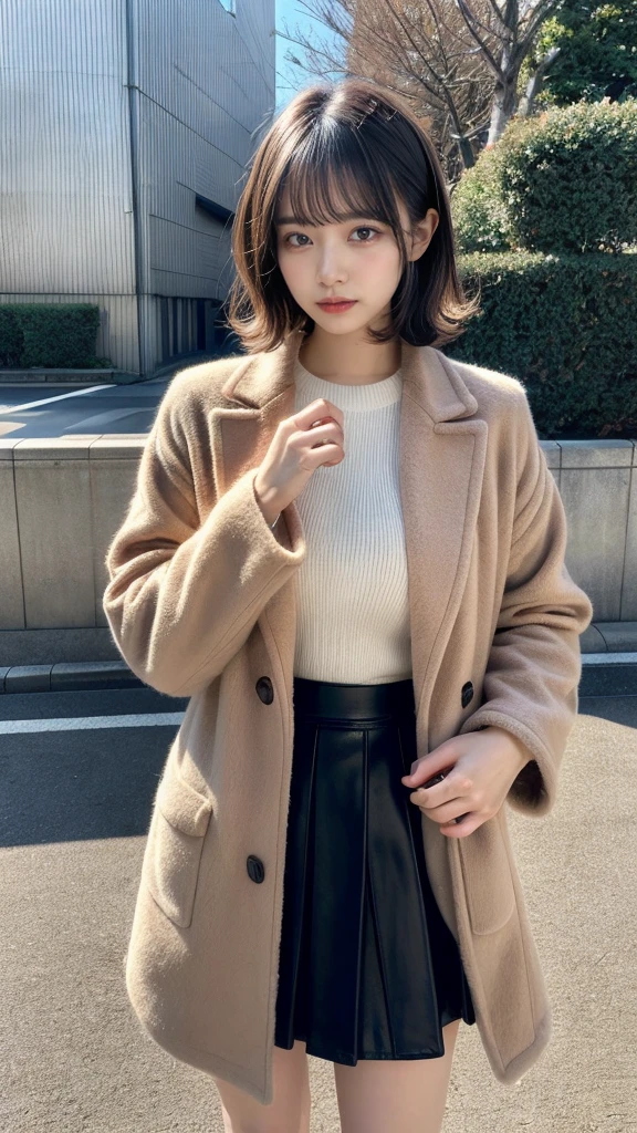 muste piece, best quality, illustration, Super detailed, fine details, High resolution, 8K,wall paper, perfect dynamic composition,(Details High quality, realistic depiction of eyes:1.3), short hair, (wavy hair:1.2), Gorgeous and stylish black fluffy latest trend Tokyo winter clothes, (Elegant and high quality coat:1.1)、(The perfect and most natural light brown coat:1.1), wool sweater, A-line skirt, Layered Cut, black hair color, Big Natural Color Lip, sexy pose, crying a little、cold gaze, Harajuku style、20 year old girl、cute type、ta, hposing Gravure Idol, full body photo、focus on crotch, huge breasts