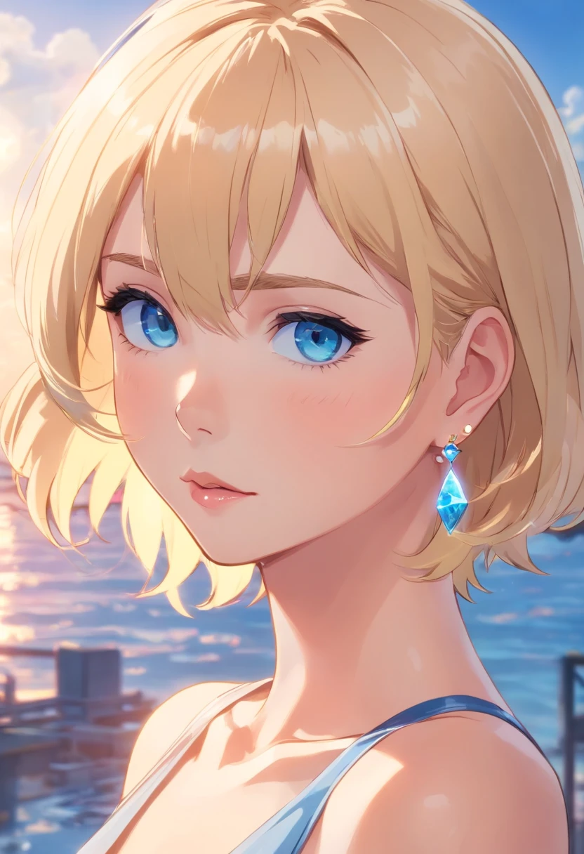  Women, ((Blonde)), ((Blue eyes)), ((Short hair)), close-up, very detailed makeup, pale pink lipstick, long earrings, bare shoulders and jewelry necklace, has a seductive look