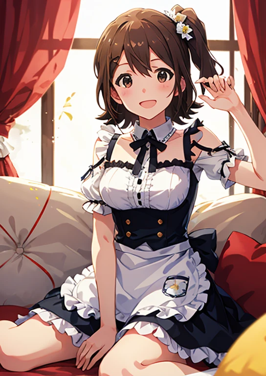 Mirai Kasuga, (highest quality, 8k, masterpiece, Very detailed:1.2), (Lens flare, Particles of light, Shine), Big Breasts, smile, Open your mouth, masterpiece, highest quality, Very detailed, High resolution, Very detailedなCG, (Official Art), Off the shoulder, Maid,(Spread your legs), (Embarrassing:1.1), (blush:1.2), Open your mouth, (shout:1.1), (Moving lines:1.1),  sofa, pillow