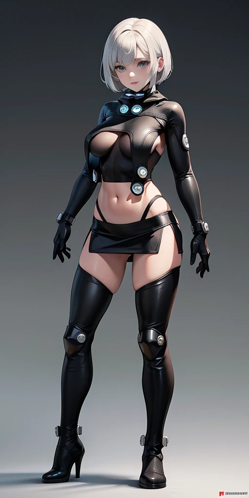 female adventurer white silver short bob hair cut, full body, game art style, (masterpiece), colorful clothing, scarves, leather belts, half skirt over pants and boots, flowing blouse and leather corset, best quality, highres, 4k, 8k, Detailed Illustration, intricate detail, cinematic lighting, amazing quality, 1girl, fit female, amazing shading, soft lighting, facing camera, perfect eyes, gantz suit armor torn apart, (grey background)