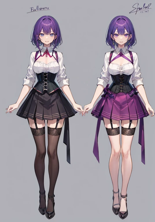 Purple hair,Shortcuts,Adult female,Bartender,((Body harness)),((Rolling up your sleeves shirt)),(Corset),(Tight skirt),((Garter belt)),(Heal),((Simple background)),Smile,((Full body)),((whole body)),Character Sheet,