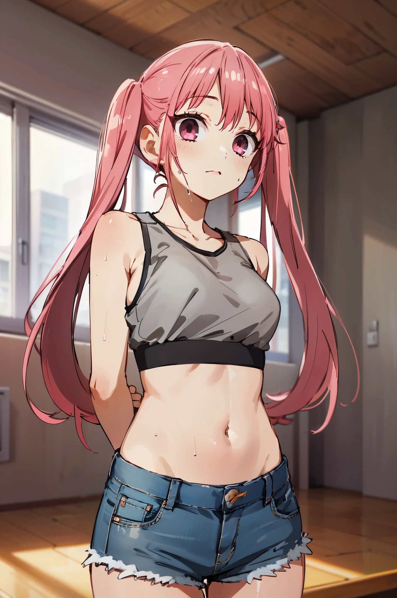 1girl, pink hair, twintail, wearing Sport Bra, denim shorts, very sweaty, city, absurdres, high res, ultrasharp, 8K, masterpiece, looking at viewer, hands behind back
