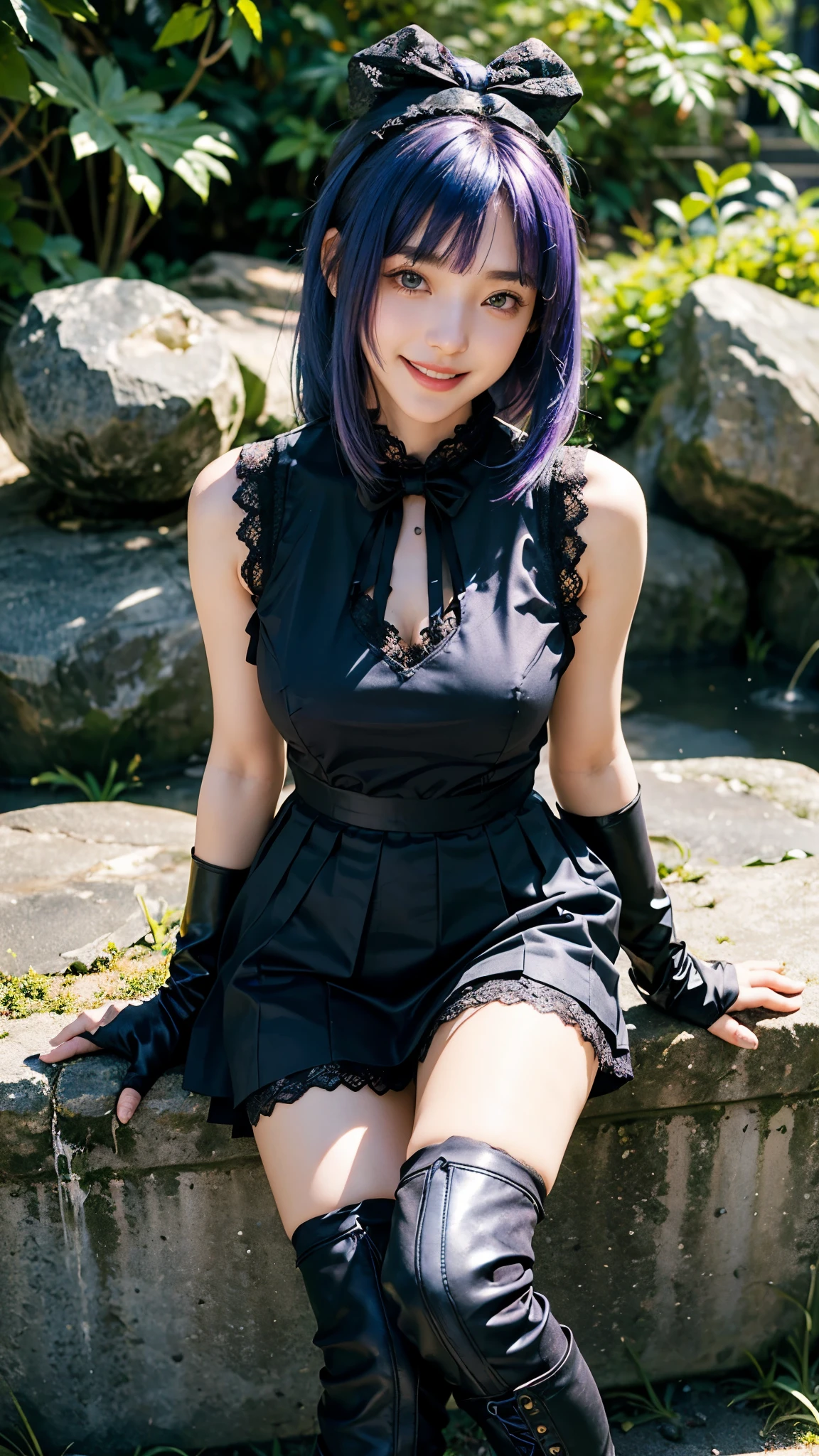 masterpiece, best quality, 1girl, solo, blue eyes, black choker, arm strap, armlet, black dress, halter dress, belt, sleeveless, single glove, thigh strap, sitting, walking to the load, medieval village, head rest, smile, purple and short hair, face forward, Fishnet tights, boot, toes