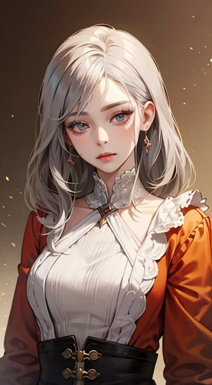 A painting of a woman with gray hair and an orange top, stunning anime face portrait, beautiful character painting, beautiful anime portrait, her image is rendered by red paint, presenting a stunning effect. The painting is very detailed, depicting women's faces and clothing. Her face has a creamy dripping effect, which makes the whole face more vivid. She wears a beautiful detailed outfit with pale gray hair. The proportions are accurate, and the costumes of the female characters are traditionally dressed, showing a classical charm.