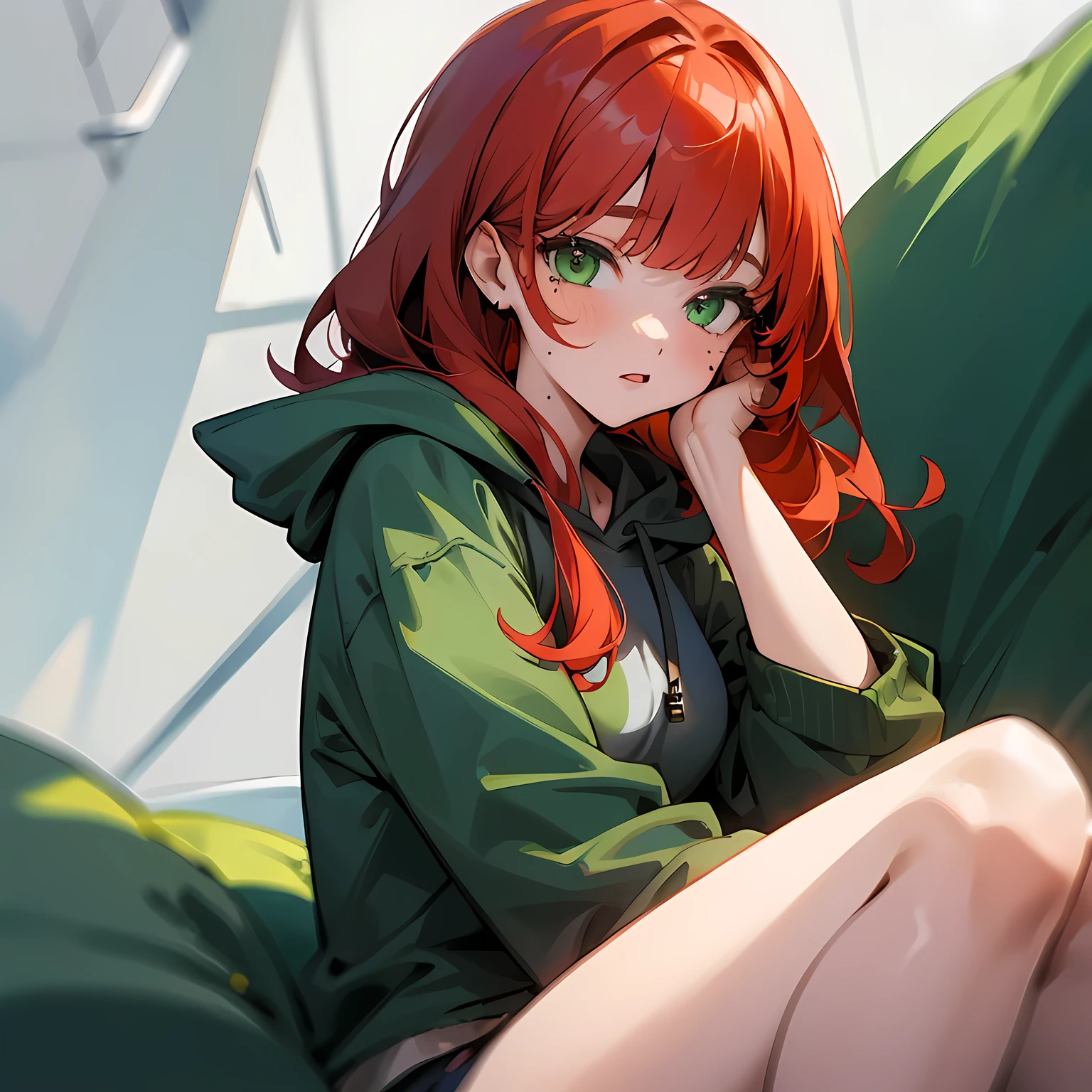Cute girl, green eyes, red hair, mole under her right eye, grey hoodie, bangs, one mole