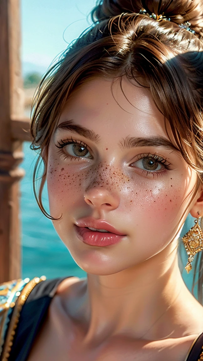 Ultra-realistic full-face photorealistic image of a goddess, 18-year-old young with a beautiful face and deep brown eyes and a charming chin that captivates anyone who meets her. Her ornate light brown hair falls gracefully over her shoulders, framing her face elegantly. Full lips paint a smile. His face is adorned with one or more spots, adding a touch of mystery and charm. Light freckles add a playful and natural look to your appearance, giving you an aura of freshness. Her beauty is a harmonious blend of unique and captivating features, making her irresistibly attractive. - Immerse the viewer in the extravagant charm of a visual by purposefully avoiding direct eye contact with the camera by focusing to the right. The model, dressed in bold makeup, has a captivating expression and a mix of seductive mystery.