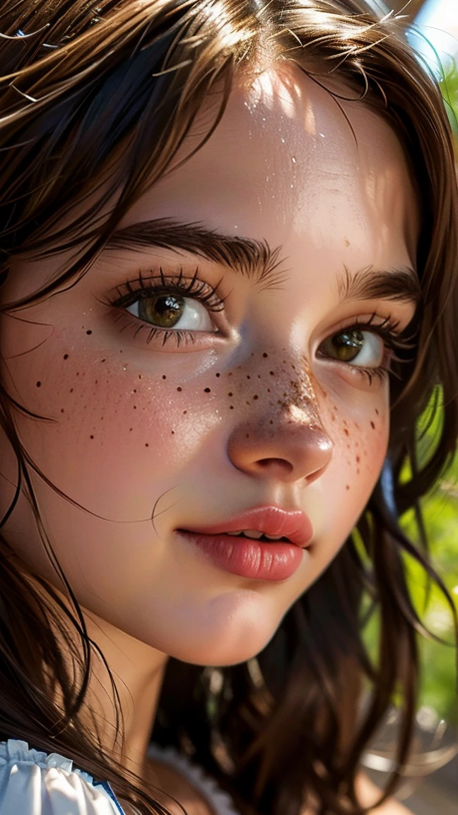 Ultra-realistic full-face photorealistic image of a goddess, 18-year-old young with a beautiful face and deep brown eyes and a charming chin that captivates anyone who meets her. Her ornate light brown hair falls gracefully over her shoulders, framing her face elegantly. Full lips paint a smile. His face is adorned with one or more spots, adding a touch of mystery and charm. Light freckles add a playful and natural look to your appearance, giving you an aura of freshness. Her beauty is a harmonious blend of unique and captivating features, making her irresistibly attractive. - Immerse the viewer in the extravagant charm of a visual by purposefully avoiding direct eye contact with the camera by focusing to the right. The model, dressed in bold makeup, has a captivating expression and a mix of seductive mystery.
