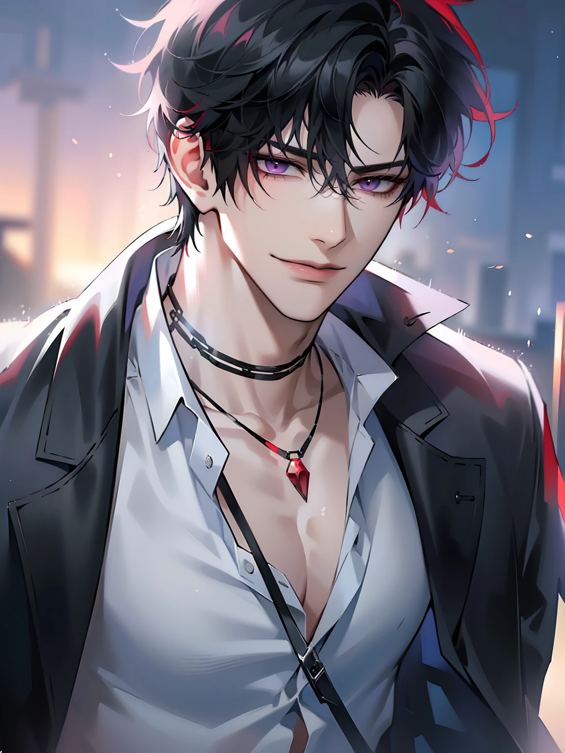 (masterpiece, 4k, high quality:1.3), 1boy, solo, short hair, black hair, asymmetrical fringe, purple eyes, handsome, sharp eyes, (mature male, mature:1.2), male focus, fashionable, tucked in open red collared shirt, red and gray cardigan, necklace, sunset, evening, close up, smile