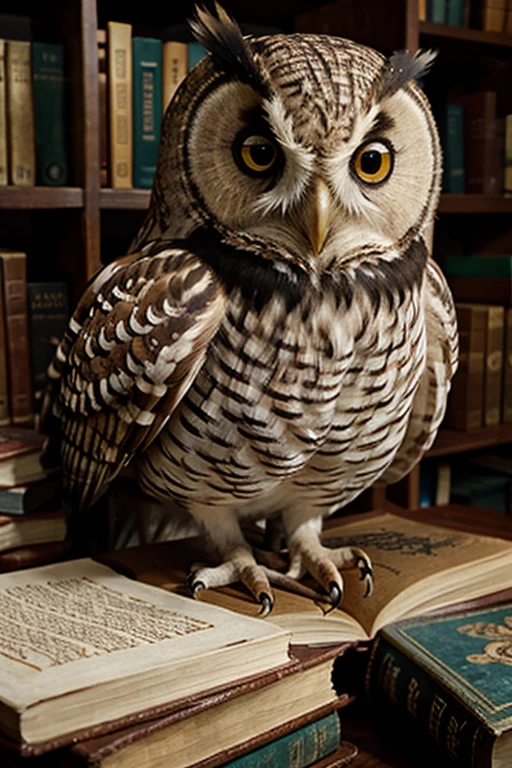 Owl with books ,on a light and warm background.