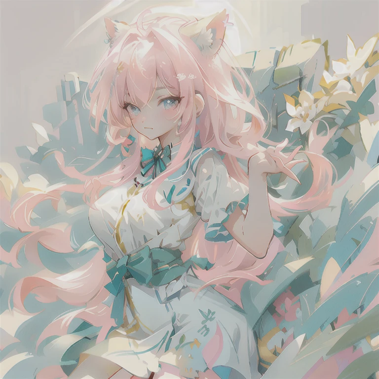 masterpiece, best quality, Super detailed, illustration,(1 Girl),Beautiful and delicate eyes, Looking at the audience, close up, (Breast Focus), (Put your hands behind your back:1.2), Pink Hair, Shy,Cat ears,naked