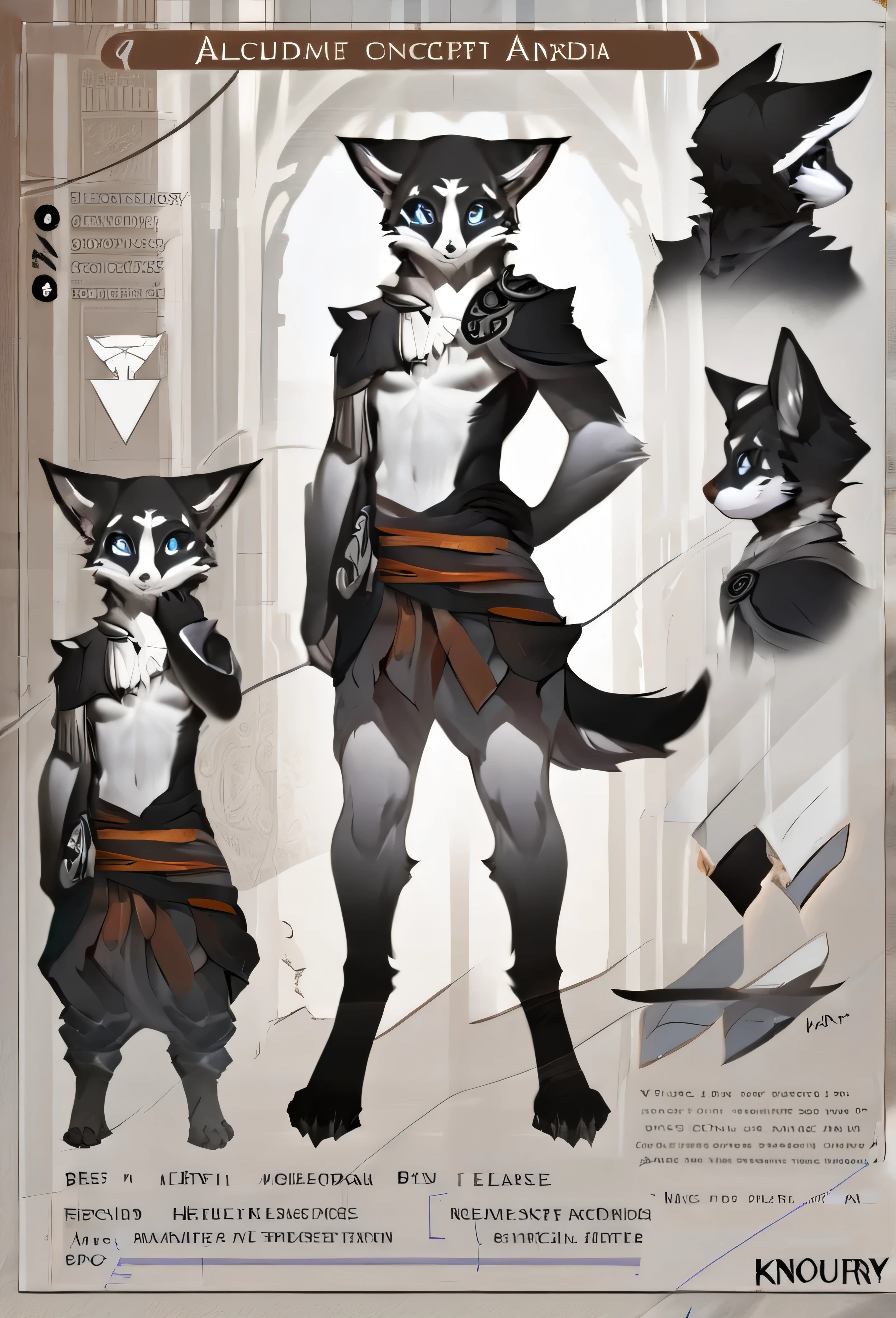 cover page, highres, top quality, best quality, paid reward available, unparalleled masterpiece, perfect artwork, absurdres, High-quality illustrations(style of final fantasy)(concept art, character sheet)perfect anatomy(handsome boy, kemono)(furry anthro), black and white fur design