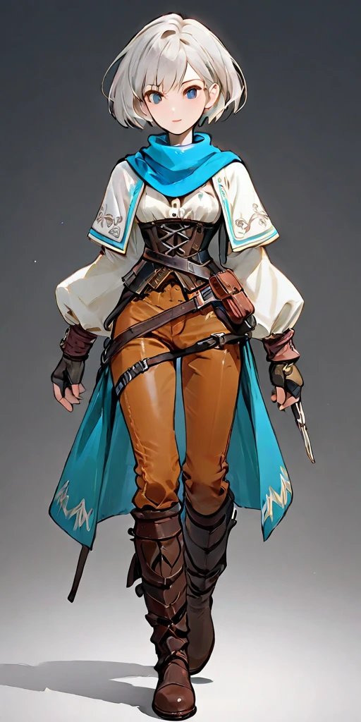 female adventurer white silver short bob hair cut, full body, game art style, (masterpiece), colorful clothing, scarves, leather belts, half skirt over pants and boots, flowing blouse and leather corset, best quality, highres, 4k, 8k, Detailed Illustration, intricate detail, cinematic lighting, amazing quality, 1girl, fit female, amazing shading, soft lighting, facing camera, perfect eyes