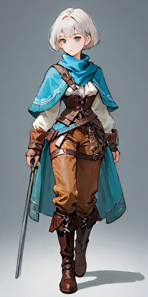 female adventurer white silver short bob hair cut, full body, game art style, (masterpiece), colorful clothing, scarves, leather belts, half skirt over pants and boots, flowing blouse and leather corset, best quality, highres, 4k, 8k, Detailed Illustration, intricate detail, cinematic lighting, amazing quality, 1girl, fit female, amazing shading, soft lighting, facing camera, perfect eyes