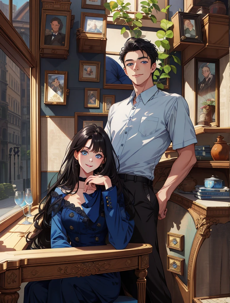 (masterpiece, best quality, highres, Sweet couple, beautiful girl, young boy, smile, couple photo, detailed eyes, blue eyes girl, detailed face, black hair, stylish hair, classy outfit, aesthetic background, highly detailed