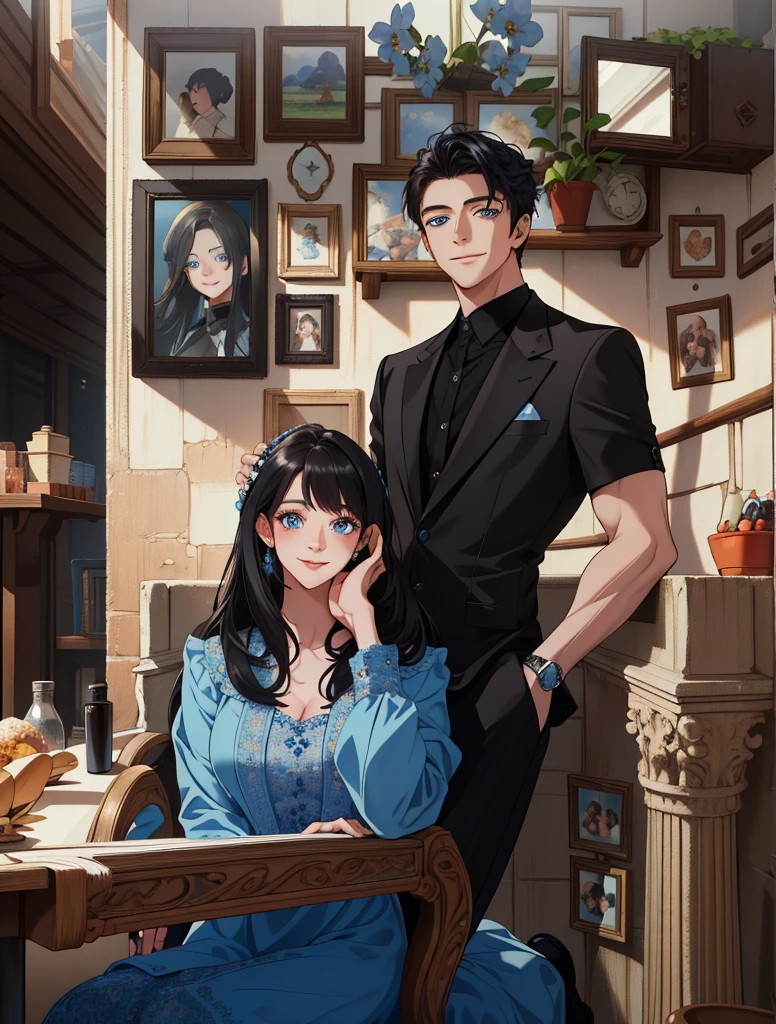 (masterpiece, best quality, highres, Sweet couple, beautiful girl, young boy, smile, couple photo, detailed eyes, blue eyes girl, detailed face, black hair, stylish hair, classy outfit, aesthetic background, highly detailed