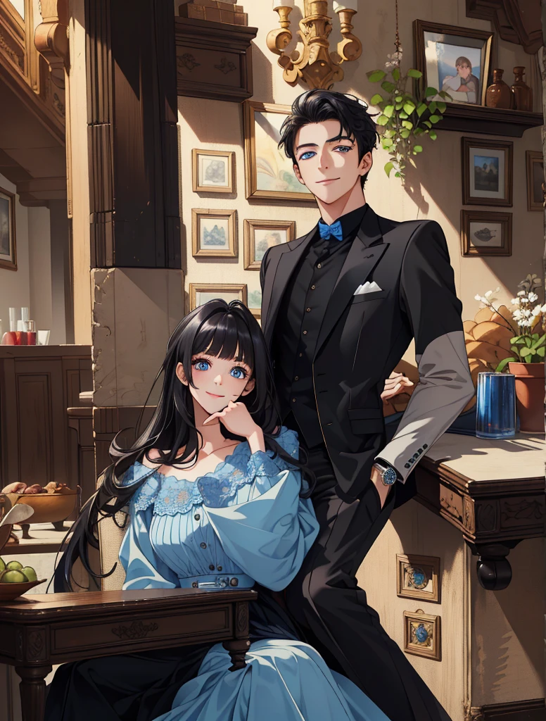 (masterpiece, best quality, highres, Sweet couple, beautiful girl, young boy, smile, couple photo, detailed eyes, blue eyes girl, detailed face, black hair, stylish hair, classy outfit, aesthetic background, highly detailed