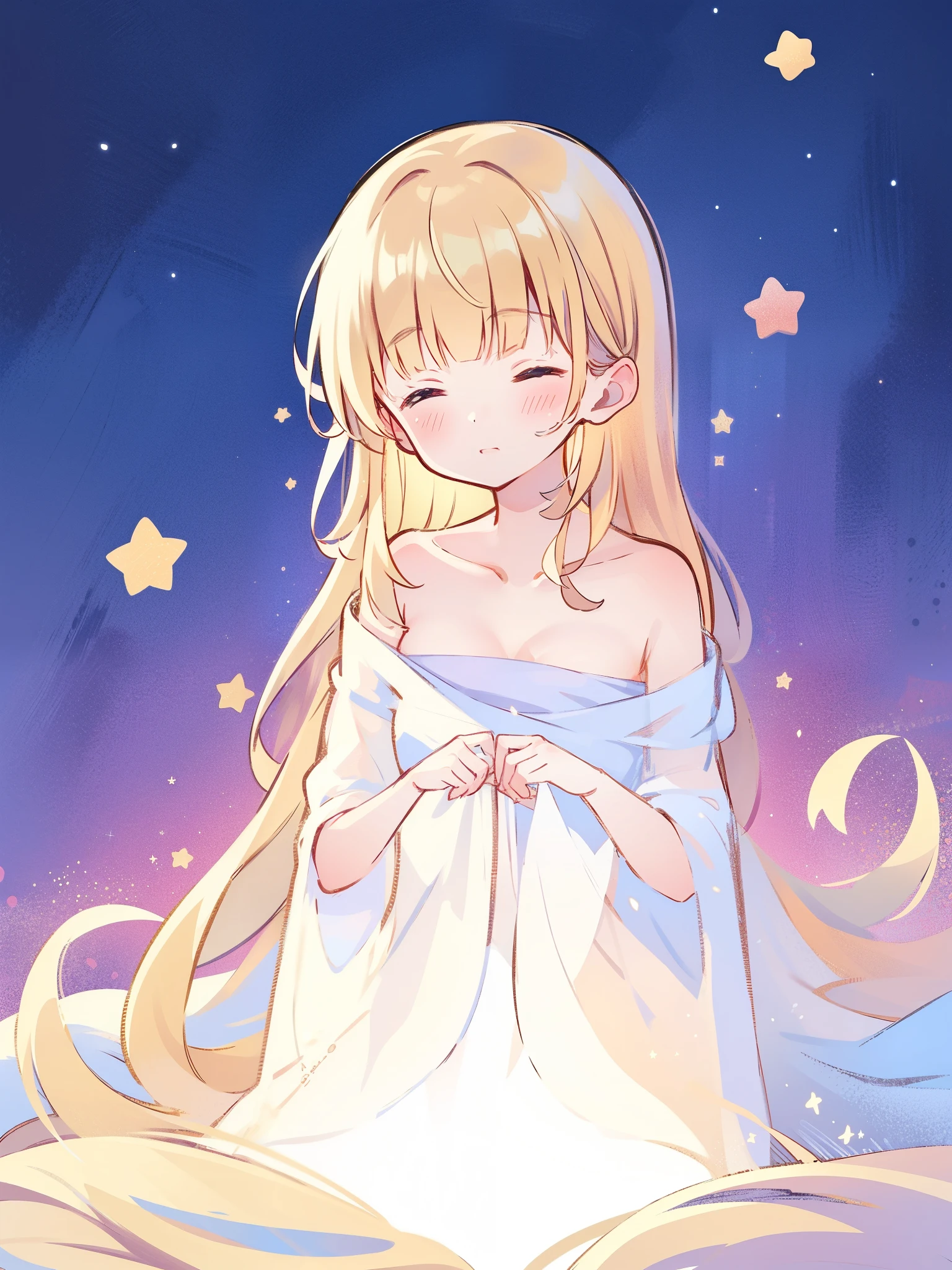 wishing star background, woman surrounded by flowing translucent fabric that reflects the stars, glowing star in front of woman's chest, magical, complex drawing, highly detailed, ethereal, starry night, midjourney style