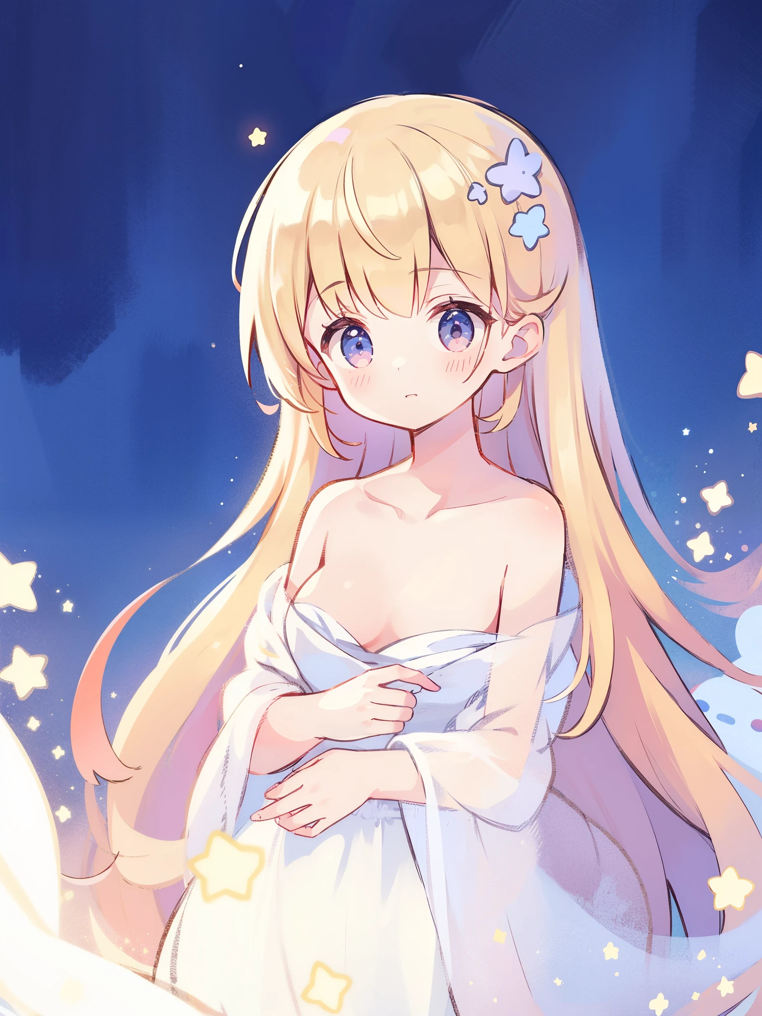 wishing star background, woman surrounded by flowing translucent fabric that reflects the stars, glowing star in front of woman's chest, magical, complex drawing, highly detailed, ethereal, starry night, midjourney style
