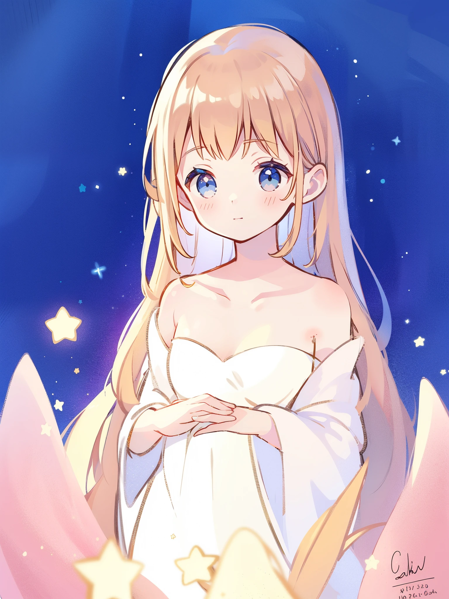 wishing star background, nude woman surrounded by flowing translucent fabric that reflects the stars, glowing star in front of woman's chest, magical, complex drawing, highly detailed, ethereal, starry night, midjourney style