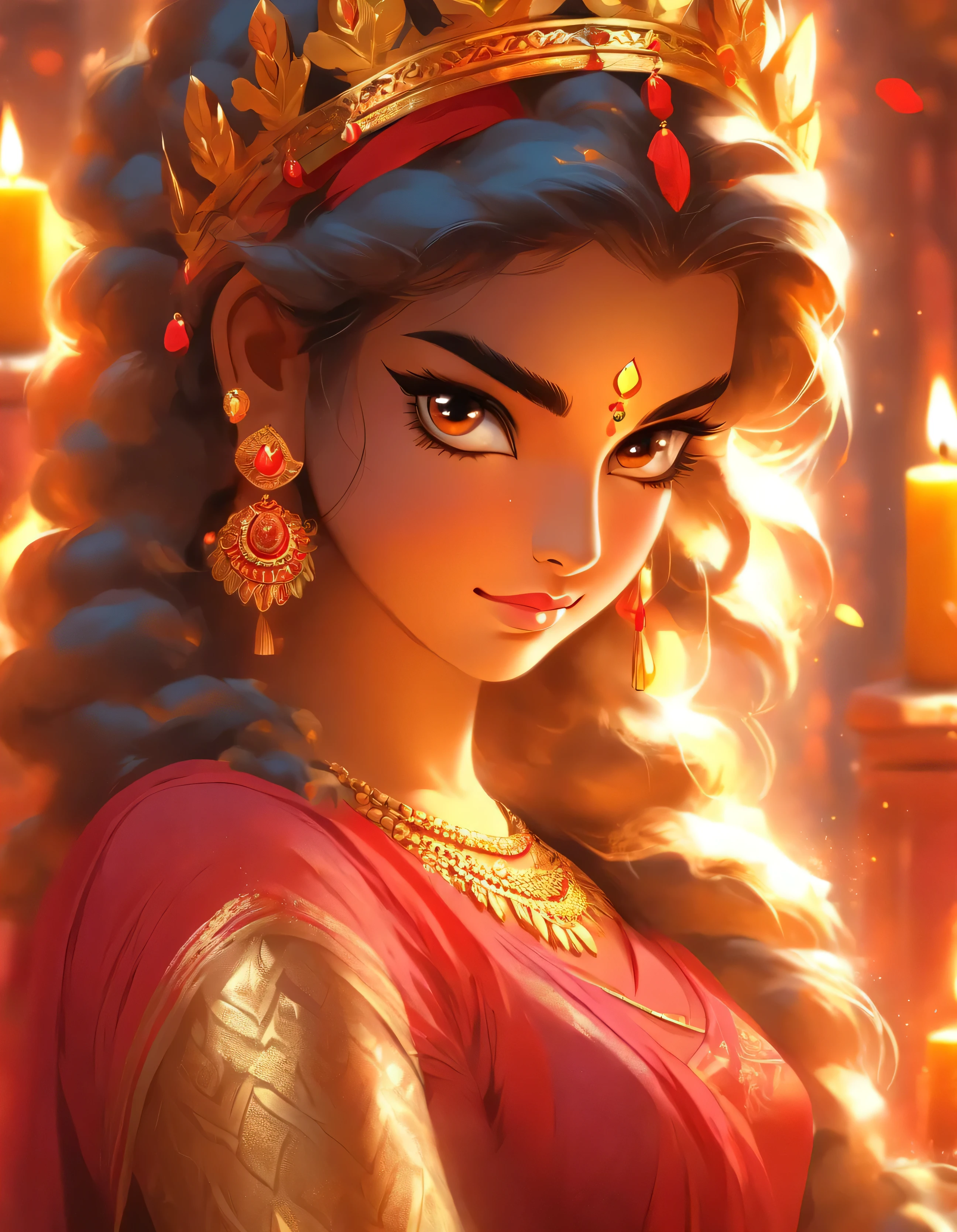 an extremely beautiful amd charming woman ((red yellow saree with golden jewellery, big golden crown on head, earrings,nose rings)) sitting on a bench with a small peacock and candles in front of her, beautiful digital illustration, beautiful digital artwork, beautiful character painting, beautiful digital painting, gorgeous digital painting, stunning digital illustration, exquisite digital illustration, stunning digital painting, beautiful digital art, elegant digital painting, a beautiful artwork illustration, traditional beauty, painting of beautiful, gorgeous digital art, hindu aesthetic, (((goddess durga)))