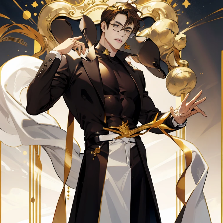 Mature male wearing golden glasses,vestindo ternos pretos,cabelo branco prateado,ombros largos,grande alto,The dorsal side is dark brown