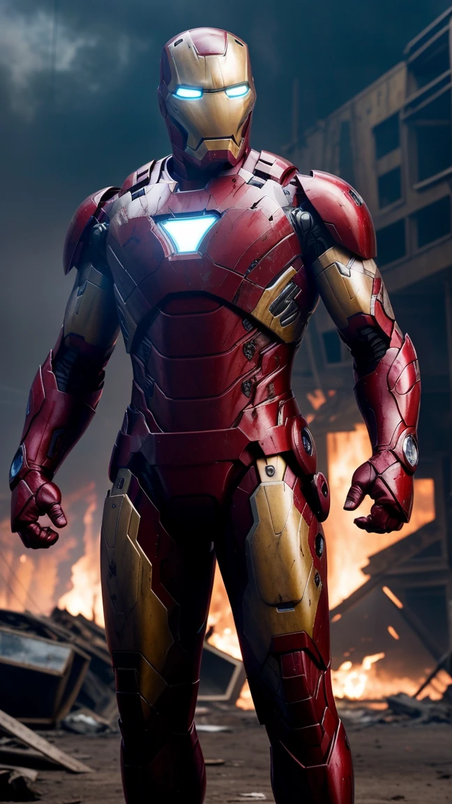 A striking 8K full body photo that captures the aftermath of a fierce battle involving Iron Man. The iconic armor, once gleaming and powerful, is now tattered and destroyed, with deep scratches, gaping holes, torn panels, and shattered limbs. The helmet, broken and cracked, reveals a vulnerable glimpse of Tony Stark's determined face. Stark's expression conveys a mix of emotions - resilience, sadness, determination, and the indomitable spirit of Iron Man. The scene is set in a dimly lit, almost apocalyptic environment, highlighting the gravity of the sacrifices and challenges Stark has faced as a superhero., photo