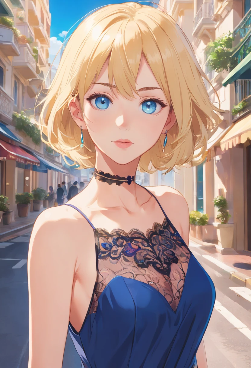 17 years old Women, ((Blonde)), ((Blue eyes)), ((Short hair)), ((Full shot)), very detailed makeup, pale pink lipstick, long earrings, bare shoulders and jewelry necklace, black satin dress with lace, a bracelet on her arm and black high-heeled shoes, standing leaning on the hood of a Ferrari in front of Monaco Hotel