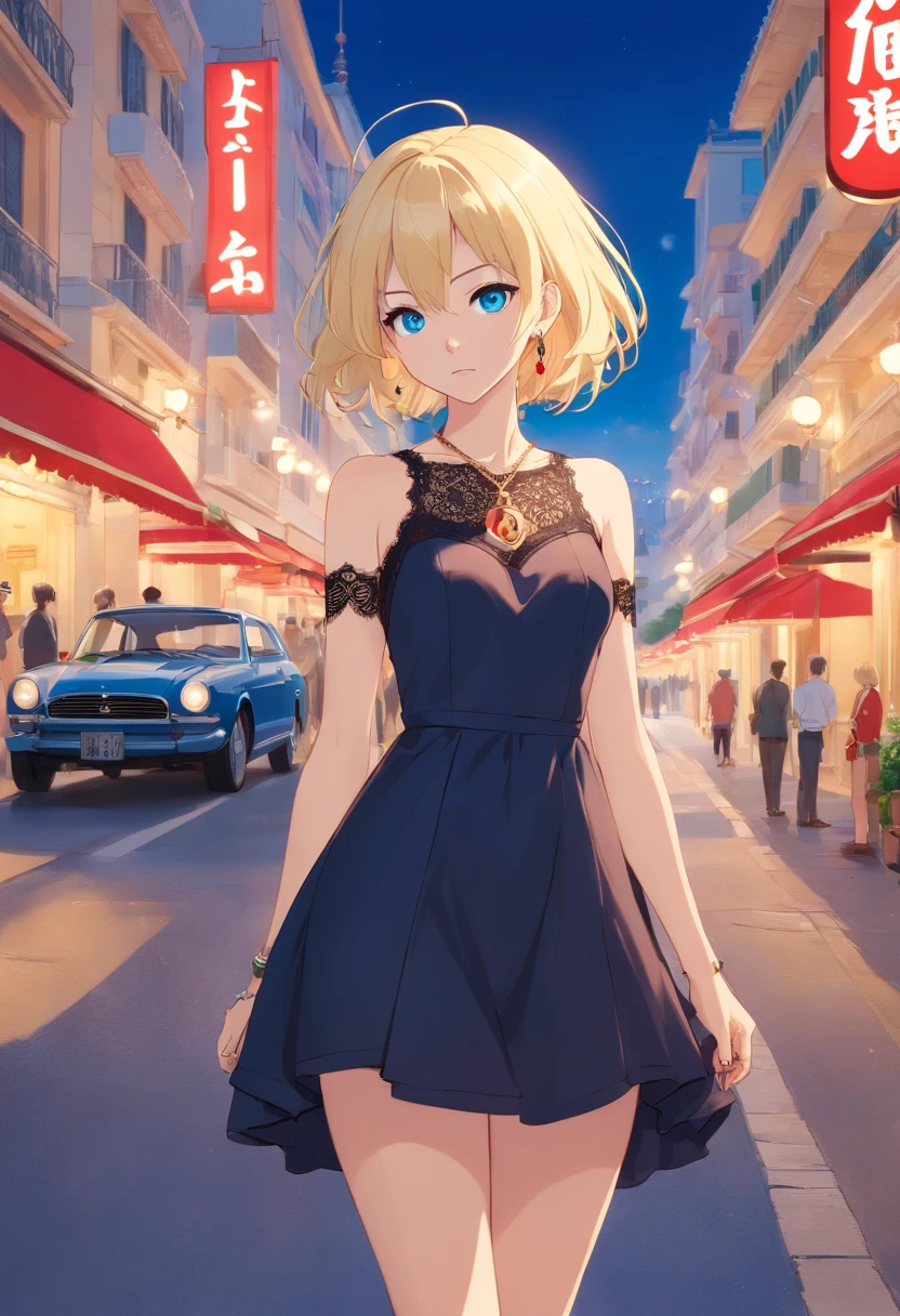  Women, ((Blonde)), ((Blue eyes)), ((Short hair)), ((Full shot)), very detailed makeup, pale pink lipstick, long earrings, bare shoulders and jewelry necklace, black satin dress with lace, a bracelet on her arm and black high-heeled shoes, standing leaning on the hood of a Ferrari in front of  Monaco Hotel