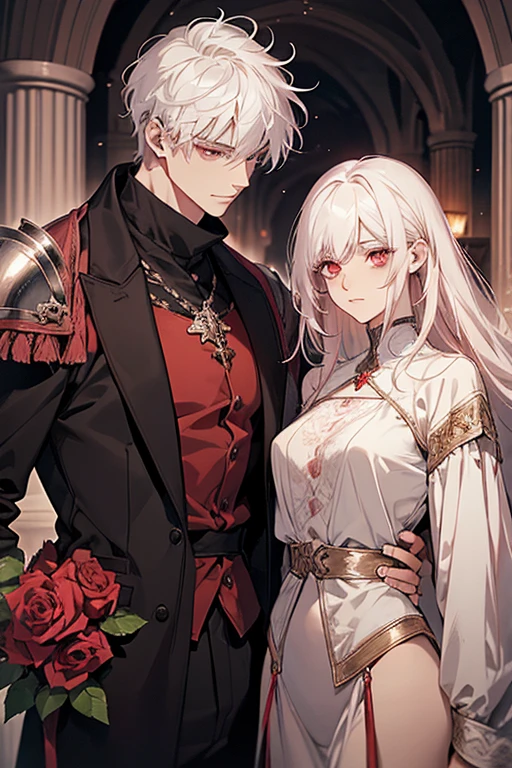 1 couple, 1 male and 1 female, adult, adult face, human, (male: black hair with bangs), (female: white hair), (male: red eyes), (female: rose pink eyes), (female: small breasts), (male: handsome), (female: shy), (male:calm), medieval fantasy