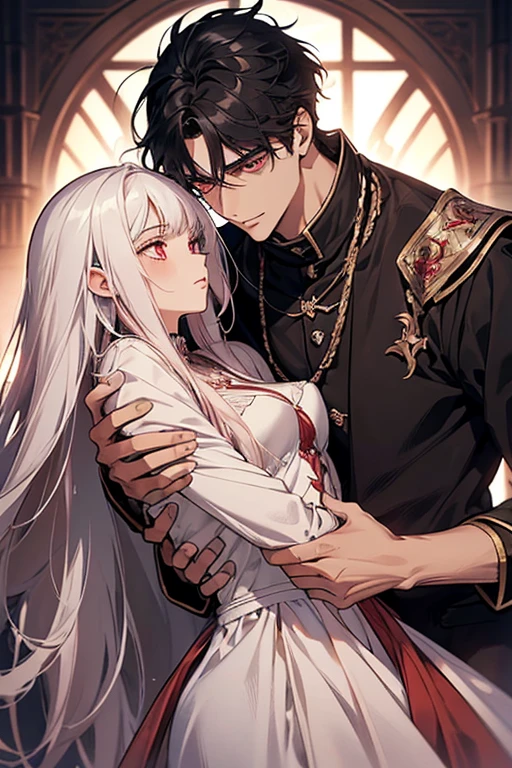 1 couple, adult, adult face, human, (male: messy black hair), (female: long white hair), (male: red eyes), (female: pink eyes), (female: small breasts), (male: handsome), (female: shy), (male:calm), medieval fantasy
