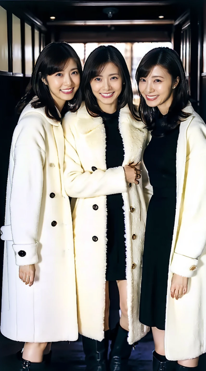 8K, RAW Photos, Full body photo, Realistic: 1.25), (Lip gloss, eyelash, Glossy face, Glowing Skin, Super beautiful sexy Japanese women, 20-year-old, highest quality, Ultra-high resolution, Depth of written boundary, chromatic aberration, Caustics, Moisturized lips, Ultra Cropped Face, Shining Detail Eyes, Half-up dark brown hair, Snazzy, Same height, White long coat, thick long coat, long feather coat, Black knit dress, Black mini skirt, Black long boots, Three girls standing and hugging each other, Big Breasts, Sheer