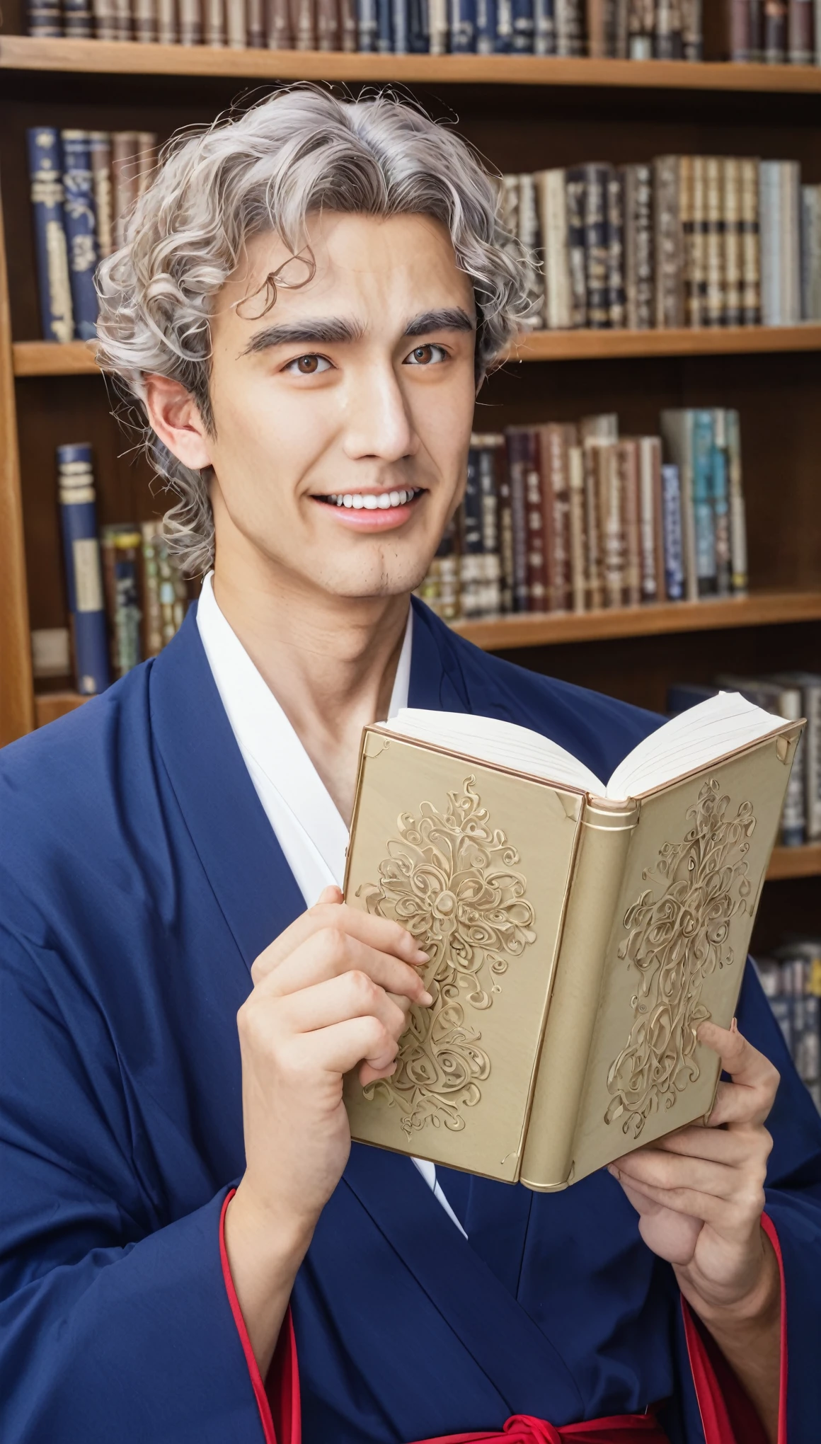 Photo of a 40 year old man、Christian pastor((model))teeth、Think deeply、Sit facing forward、Hazel eyes sparkling with wisdom、His Hall々Wavy hair framing a clean, elegant face、Parit perfectly accentuates his figure(Robe)Wearing、彼の表情teeth催眠術のように魅惑的で、Highly detailed face with subtle wrinkles、Beautiful eyes that reflect a warm and caring spirit、 With a beautiful bookshelf in the background、Holding a book that looks like a Bible、Rembrandt lighting、Shot with a Zeiss lens、Ultra-Realistic Rendering、8K UHD resolution、Digital SLR Technology、dramatic