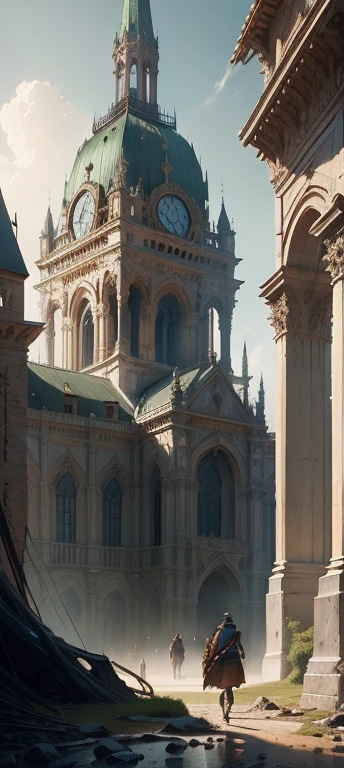 "(by Greg Rutkowski: 1.2), (Masterpiece), (Best quality), Extremely delicate and beautiful, illustration, (Fantasy landscape), Depth of field, hdr, Intricate, Delicate, (no human presence), Realistic depiction, Live-action feeling, Create visual masterpieces of the best quality. Highlight the marvelous elements of the Baroque architecture of the medieval city, Focus on towers in ruins, The effects of collapse and severe weathering are emphasized. Provide a vision，Capture grandeur and atmosphere."