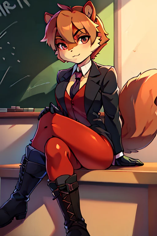 boy, squirrel, furry, bodyfur, blazer, bottomless, color tights, gloves, boots, school, crossed legs