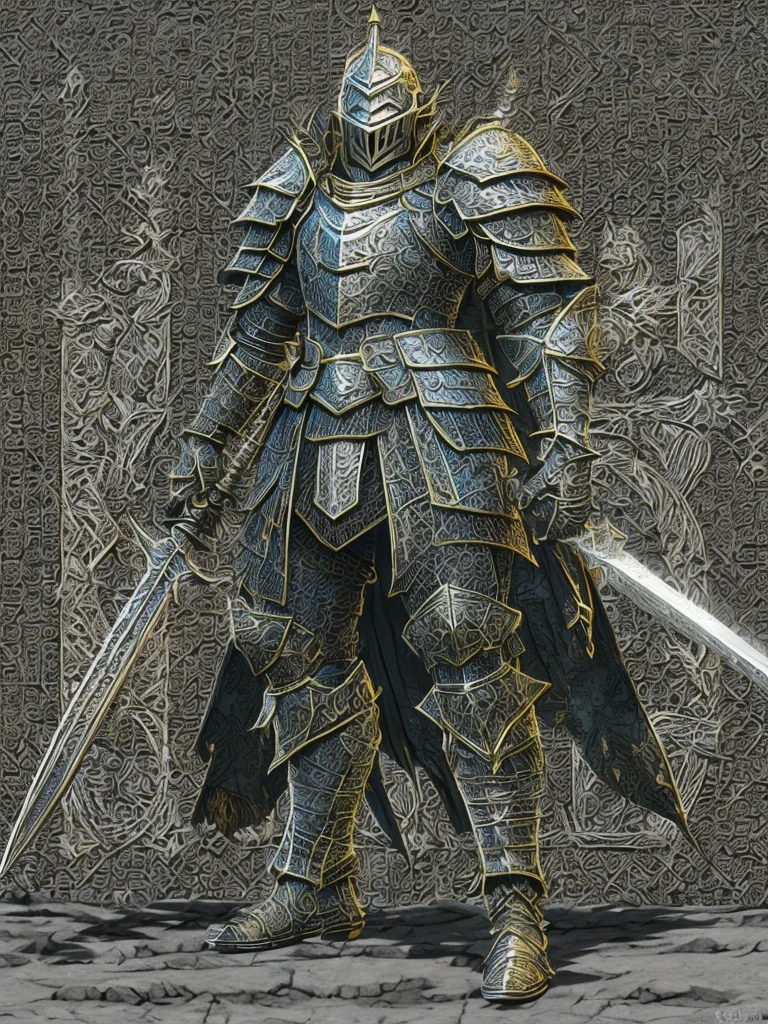 Fantasy Warrior, ASCII Art Design Armor, Intricate Design, Realistic, 8K Ultra Graphics、Final Fantasy Style、knight、cool、battlefield、Background Graphics