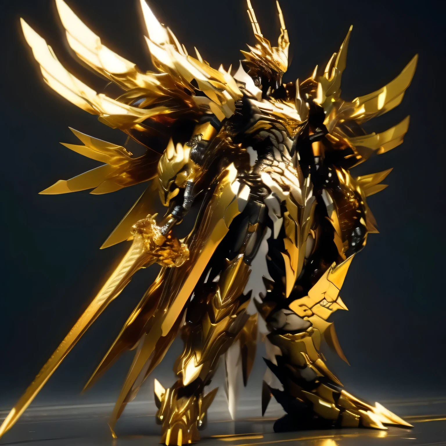 Full Body, Gold and Silver, Dragon, Robot, Mystical, Sharp Dual Blades, Symmetrical, Glowing Weapon, Wings