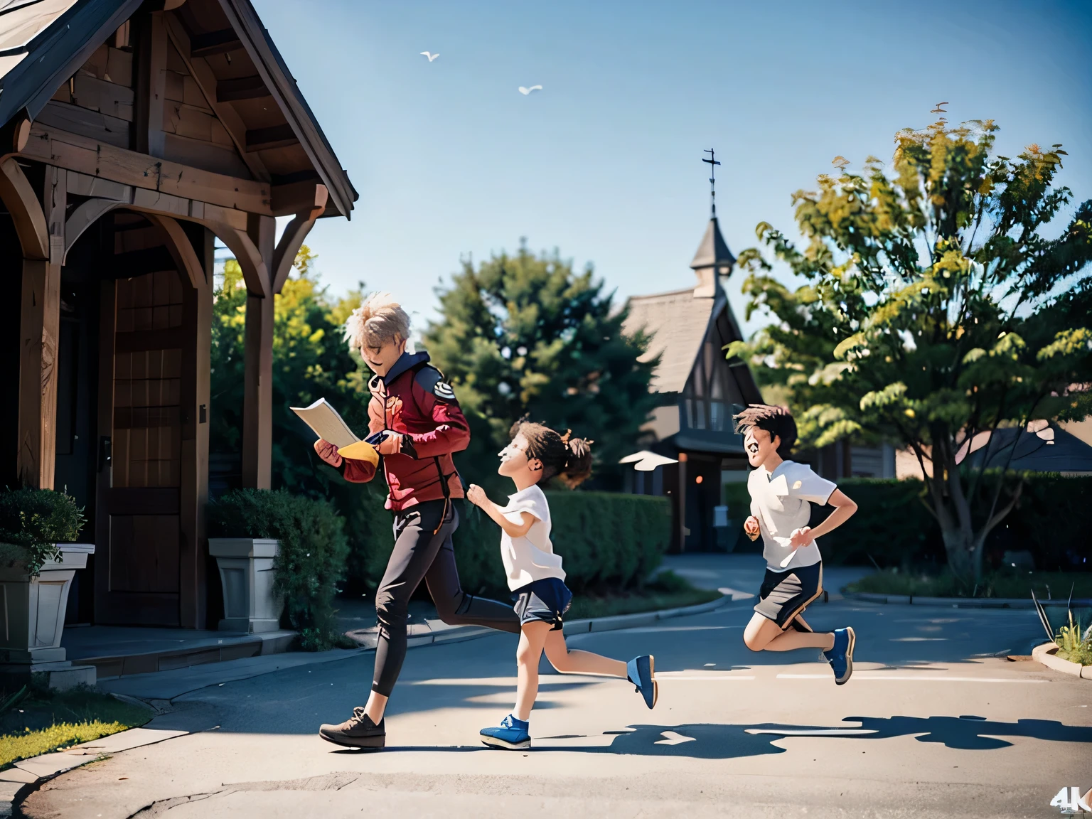4 k detail fantasy, (((fullbody))), four boys running together, reading bible, (((side view))), happy, laughing, 2. 5 d cgi anime fantasy artwork, modern style, wow 4k detail fantasy, hyperdetailed fantasy character, full image,