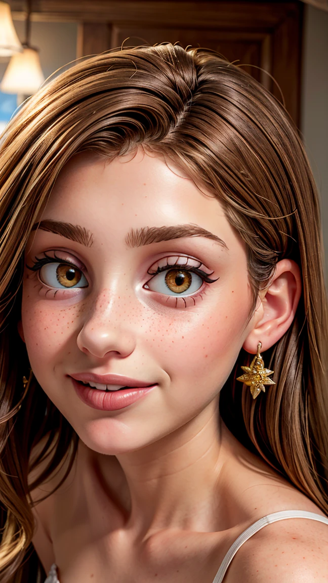 Ultra-realistic full-face photorealistic image of a goddess, 18-year-old young with a beautiful face and deep brown eyes and a charming chin that captivates anyone who meets her. Her ornate light brown hair falls gracefully over her shoulders, framing her face elegantly. Full lips paint a smile. His face is adorned with one or more spots, adding a touch of mystery and charm. Light freckles add a playful and natural look to your appearance, giving you an aura of freshness. Her beauty is a harmonious blend of unique and captivating features, making her irresistibly attractive. - Immerse the viewer in the extravagant charm of a visual by purposefully avoiding direct eye contact with the camera by focusing to the right. The model, dressed in bold makeup, has a captivating expression and a mix of seductive mystery.