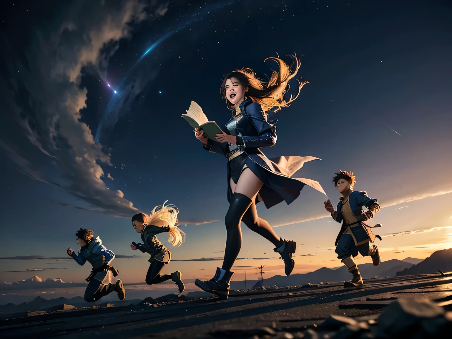 4 k detail fantasy, (((fullbody))), four boys running together, reading bible, (((side view))), happy, laughing, 2. 5 d cgi anime fantasy artwork, modern style, wow 4k detail fantasy, hyperdetailed fantasy character, full image,