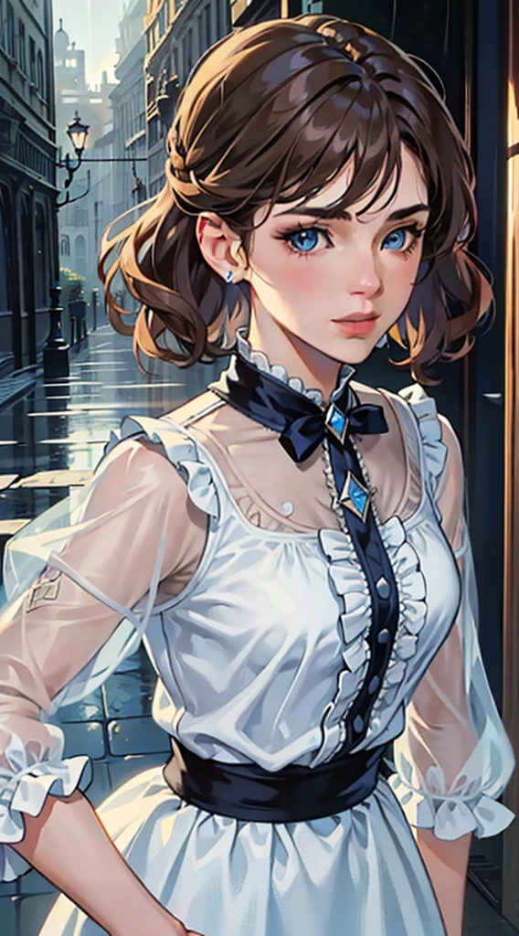 kk, best quality, more details, masterpiece, 1 girl, portrait, female focus, blue eyes like diamonds, solo, bangs, look at the viewer, frilly shirt, short hair, rain, fantasy city, palace, \(city\), highlights, nail polish, brown hair, wavy, luxurious, 8k, detailed, ray tracing, depth of field, cinematic lighting,