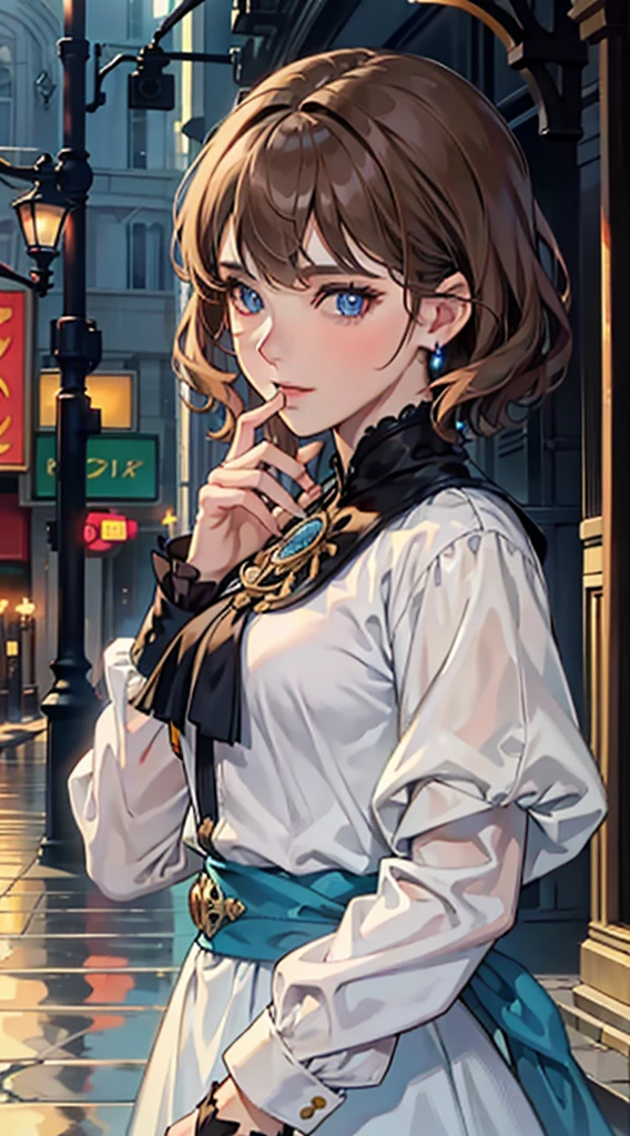 kk, best quality, more details, masterpiece, 1 girl, portrait, female focus, blue eyes like diamonds, solo, bangs, look at the viewer, frilly shirt, short hair, rain, fantasy city, palace, \(city\), highlights, nail polish, brown hair, wavy, luxurious, 8k, detailed, ray tracing, depth of field, cinematic lighting,