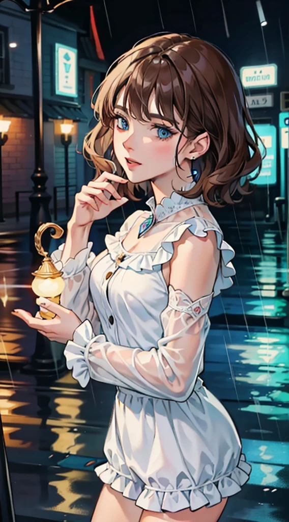 kk, best quality, more details, masterpiece, 1 girl, portrait, female focus, blue eyes like diamonds, solo, bangs, look at the viewer, frilly shirt, short hair, rain, fantasy city, palace, \(city\), highlights, nail polish, brown hair, wavy, luxurious, 8k, detailed, ray tracing, depth of field, cinematic lighting,