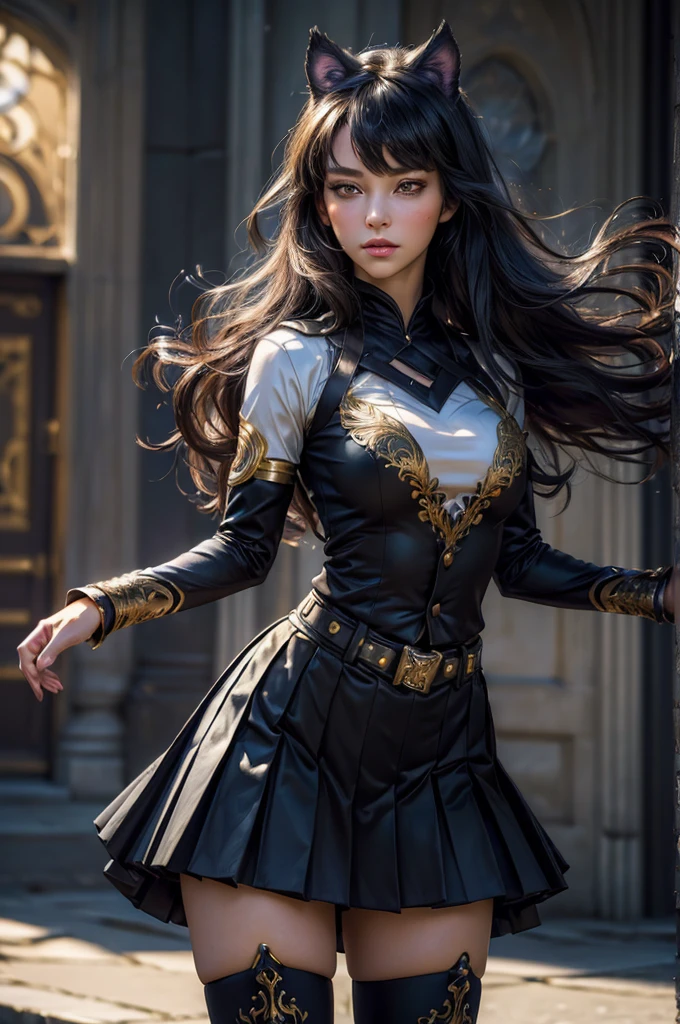 (masterpiece,stunning girlfriend, (standing:1.1), dynamic pose, heart shaped face, elegant face, beautiful face, highly detailed face, highly detailed skin, skin pores, subsurface scattering, realistic pupils, looking at viewer, full lips, detailed background, depth of field, atmospheric perspective, volumetric lighting, sharp focus, absurdres, realistic proportions, good anatomy, (realistic, hyperrealistic:1.4), 16k hdr, (masterpiece, best quality), intricate details, 1girl, blake_belladonna, gmuniform, pleated skirt, blue thighhighs, black and gold uniform, city