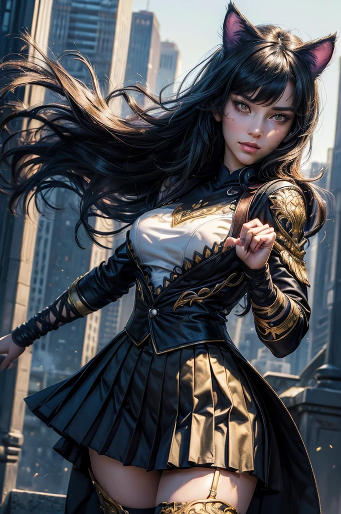 (masterpiece,stunning girlfriend, (standing:1.1), dynamic pose, heart shaped face, elegant face, beautiful face, highly detailed face, highly detailed skin, skin pores, subsurface scattering, realistic pupils, looking at viewer, full lips, detailed background, depth of field, atmospheric perspective, volumetric lighting, sharp focus, absurdres, realistic proportions, good anatomy, (realistic, hyperrealistic:1.4), 16k hdr, (masterpiece, best quality), intricate details, 1girl, blake_belladonna, gmuniform, pleated skirt, blue thighhighs, black and gold uniform, city