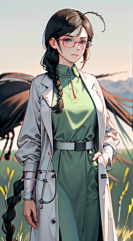 Polite dress code,Remote photos,((long hairstyle braid : 1.5)),Emotionless faces,heartless.,Beautiful delicate face with details, Beautiful delicate eyes with details, Perfect face proportions, Highly fine surface, finely detailed skin, The best ratio of four fingers to one thumb...,master-piece,high-detail, lifelike,(Put on a lab coat....: 1.8),scholar,Maximum face resolution,mature adult,A woman dressed modestly....,Fully dressed,(Black Hair,Short Black Hairstyle,Best pigtails,Wear red glasses....,Dark green eyes),Future World,science fiction,(Standing on a wide meadow.:1.8),Profoundly intelligent personality