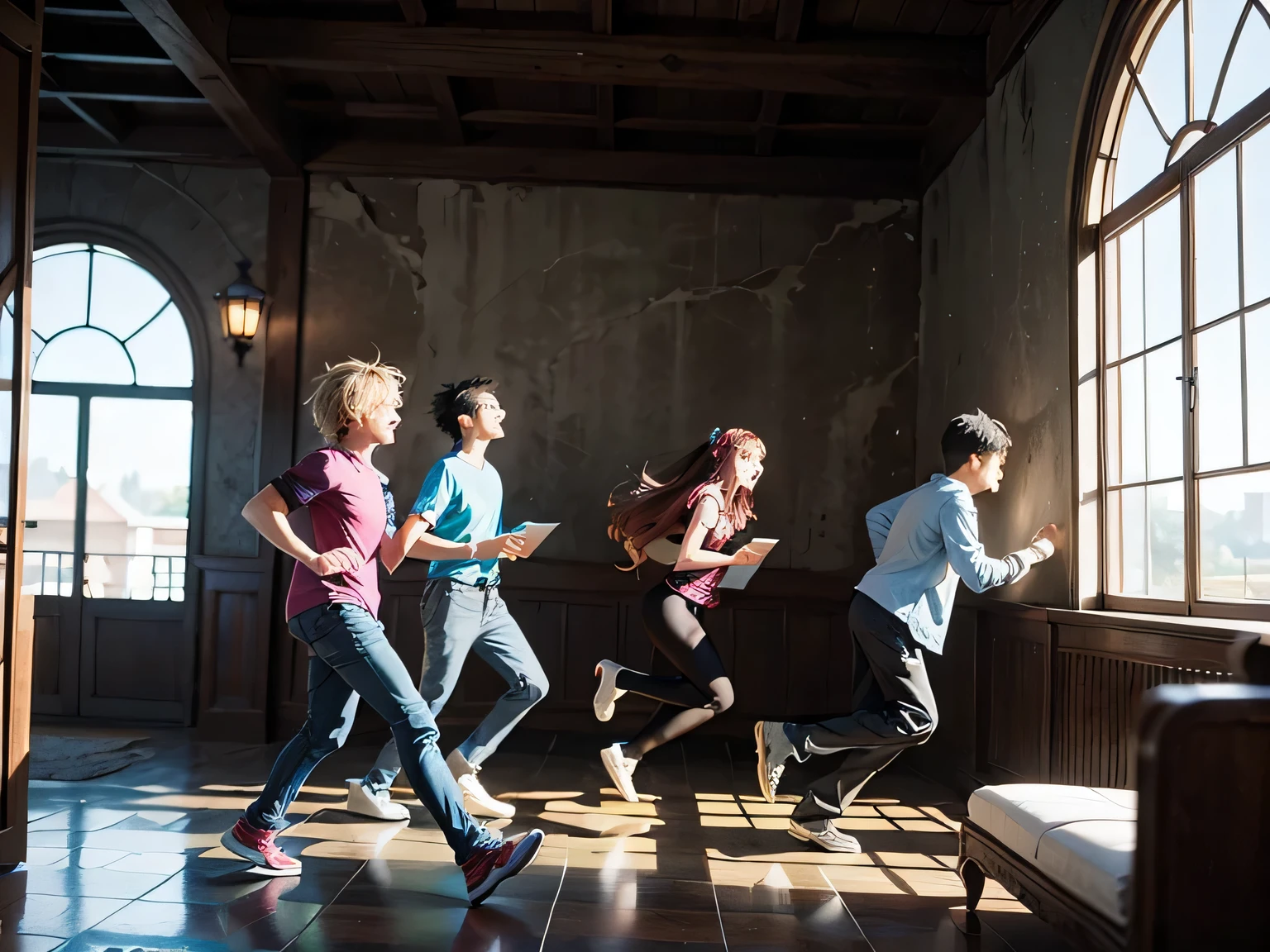 4 k detail fantasy, (((fullbody))), four boys running together, reading bible, (((side view))), happy, laughing, 2. 5 d cgi anime fantasy artwork, modern style, wow 4k detail fantasy, hyperdetailed fantasy character, full image, 