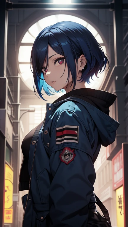 Obra-prima,Detalhado,High resolutions:1.4) , Foto del modelo, fechar, Rosto detalhado, Olhos finos e detalhados,, (Kirishima Touka),medium blue hair,ojo ghoul,retro jacket,Tokyo Ghoul,Fundo retrofuturista, cores vibrantes, hdr,, ,