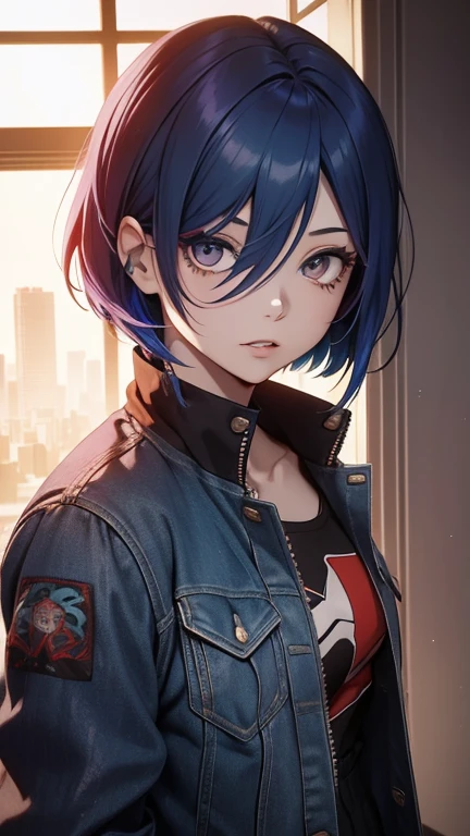 Obra-prima,Detalhado,High resolutions:1.4) , Foto del modelo, fechar, Rosto detalhado, Olhos finos e detalhados,, (Kirishima Touka),medium blue hair,ojo ghoul,retro jacket,Tokyo Ghoul,Fundo retrofuturista, cores vibrantes, hdr,, ,