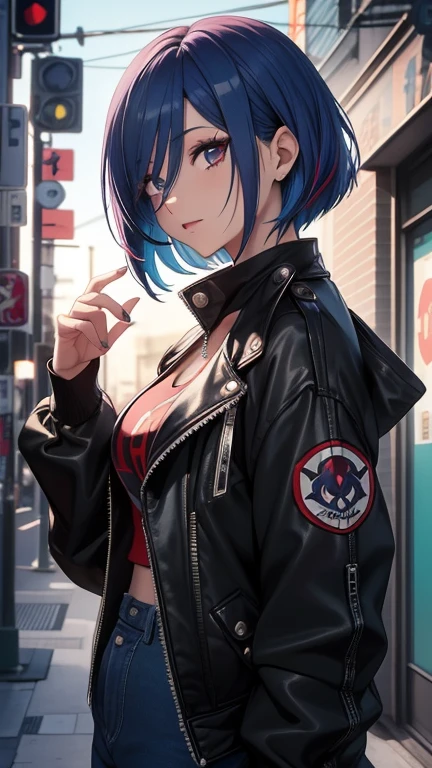 Obra-prima,Detalhado,High resolutions:1.4) , Foto del modelo, fechar, Rosto detalhado, Olhos finos e detalhados,, (Kirishima Touka),medium blue hair,ojo ghoul,retro jacket,Tokyo Ghoul,Fundo retrofuturista, cores vibrantes, hdr,, ,
